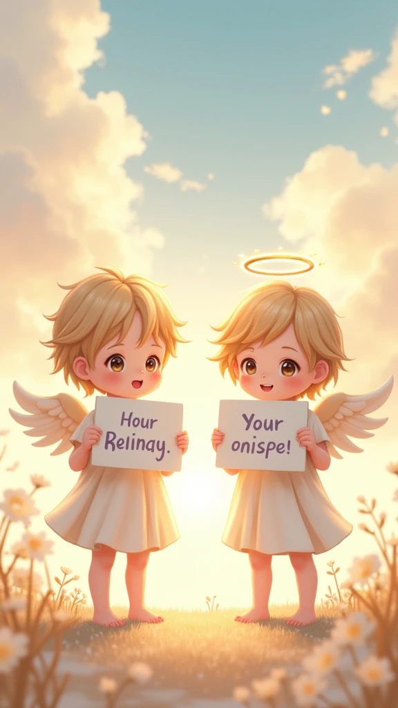 two beautiful and cute boy angel with cap holding up a sign "machs gut, Mona" and "wir werden dich vermissen" , joyful, happy, anime illustration, photorealistic, oil painting