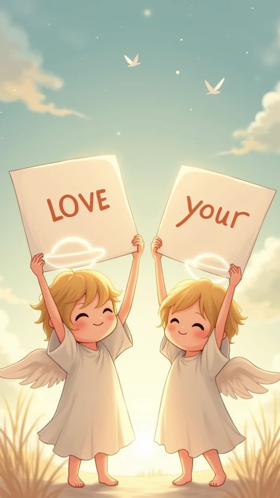 two beautiful and cute boy angel with cap holding up a sign "machs gut, Mona" and "wir werden dich vermissen" , joyful, happy, anime illustration, photorealistic, oil painting