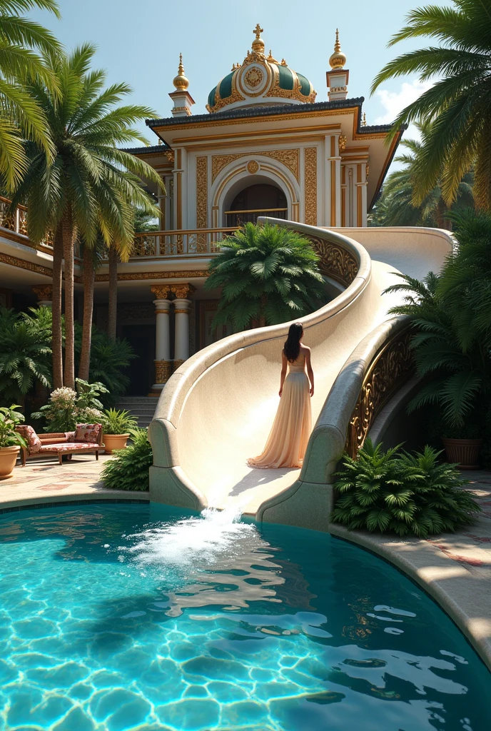 The luxurious swimming pool of the Princess of Philippines with a slide