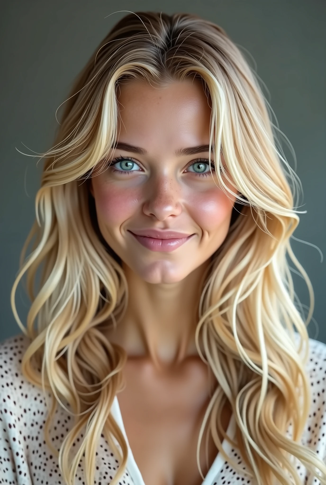 (photorealism:1.2),Create a realistic avatar of a young 20-year-old girl with blonde hair and blue eyes. The girl should have a modern and attractive appearance, with a friendly and relaxed expression. Make sure the avatar style is realistic, Capturing details in skin texture, the vibrant color of the eyes, and the natural shine of blonde hair. The background should be plain or blurred to keep the focus on the avatar&#39;s face..