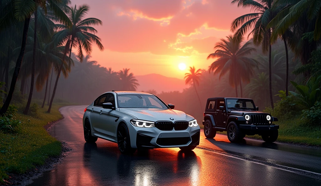 (bmw car white gloww standing In the same car as the Jimny Jeep), road in sunset rain fall and sky sunset road on jungle