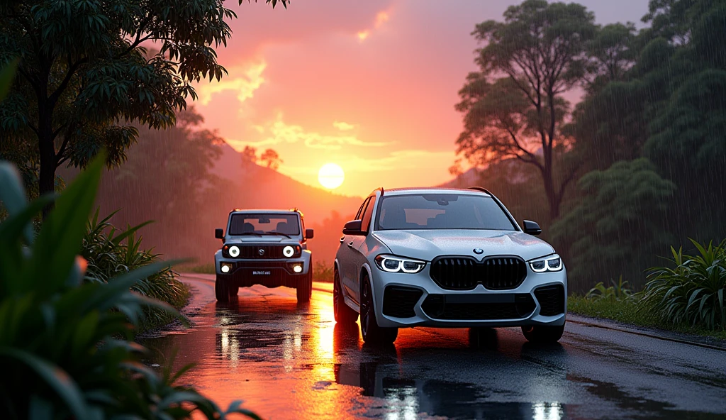 (bmw car white gloww standing In the same car as the Jimny Jeep), road in sunset rain fall and sky sunset road on jungle