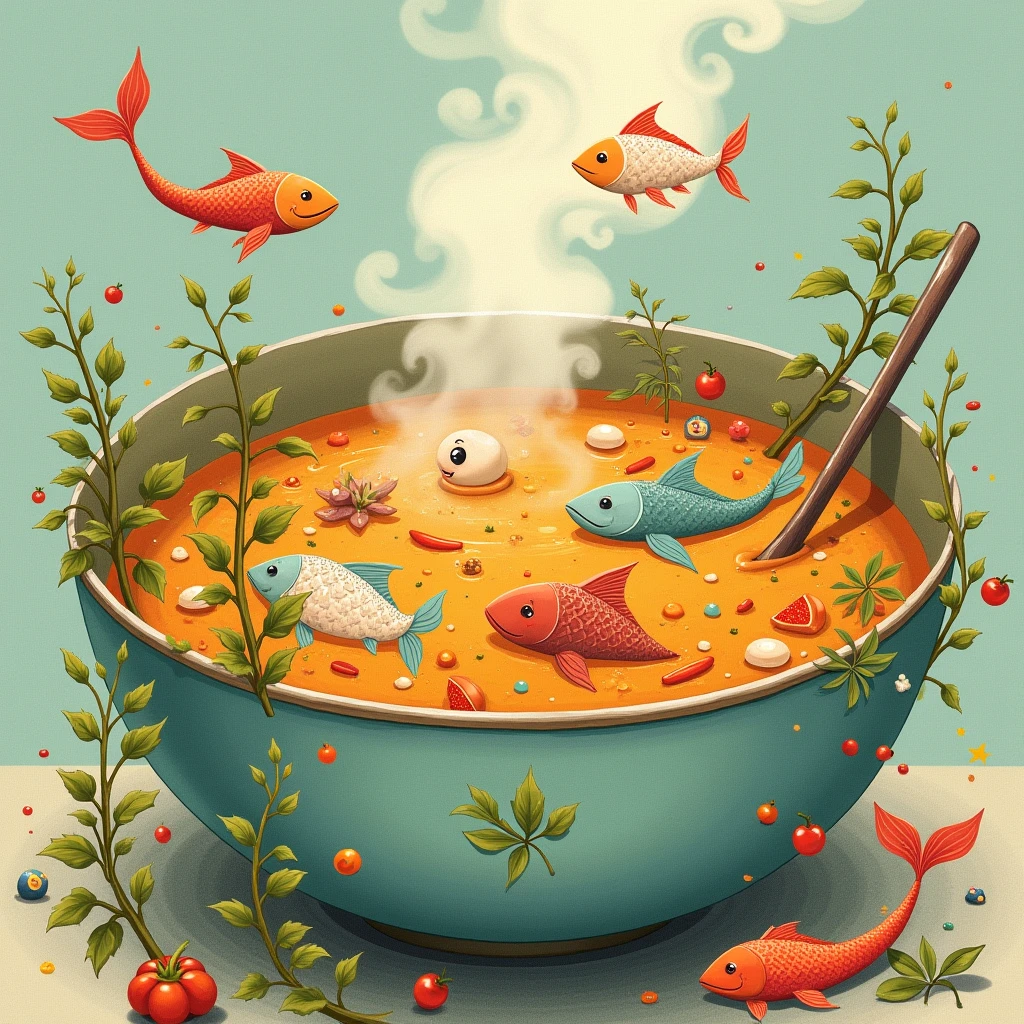 "A whimsical illustration of a large bowl of soup filled with tiny mermaids and various colorful fish. The mermaids are playfully swimming around, their small tails flicking above the surface of the soup. The fish are swimming alongside them, some with curious expressions. The soup is steaming hot, with herbs and vegetables floating around. The overall scene is lighthearted and imaginative, mixing fantasy with the unexpected."