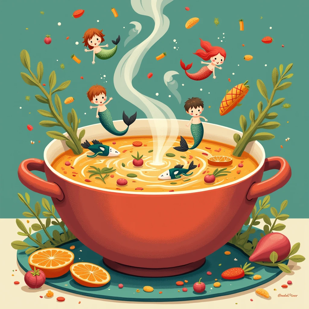 "A whimsical illustration of a large bowl of soup filled with tiny mermaids and various colorful fish. The mermaids are playfully swimming around, their small tails flicking above the surface of the soup. The fish are swimming alongside them, some with curious expressions. The soup is steaming hot, with herbs and vegetables floating around. The overall scene is lighthearted and imaginative, mixing fantasy with the unexpected."