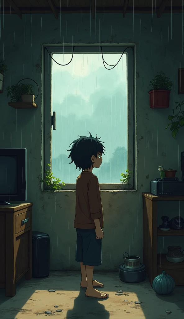 2D anime a littlebit long hair poor small boy who seeing out side of open large window of house wich is made up of soil his face out side of house through window, his back side there are necessary house things are hangup such as tv scenery shelf mini artifitial plants ect rainy day old poor vibes