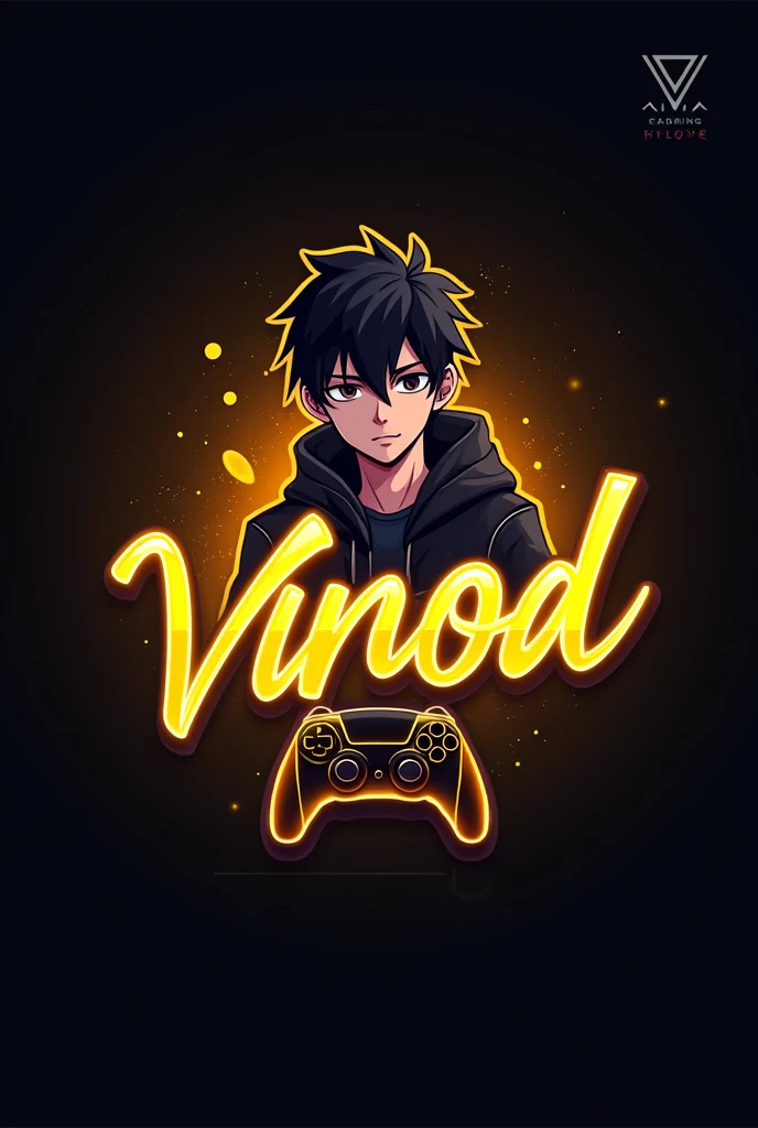This is a gaming logo that features the name "Vinod" in a futuristic font and a neon Golden color. and Boy Anime avtar, The logo also has a stylized controller icon. The logo is designed to be attractive and eye-catching, and to appeal to gaming enthusiasts and