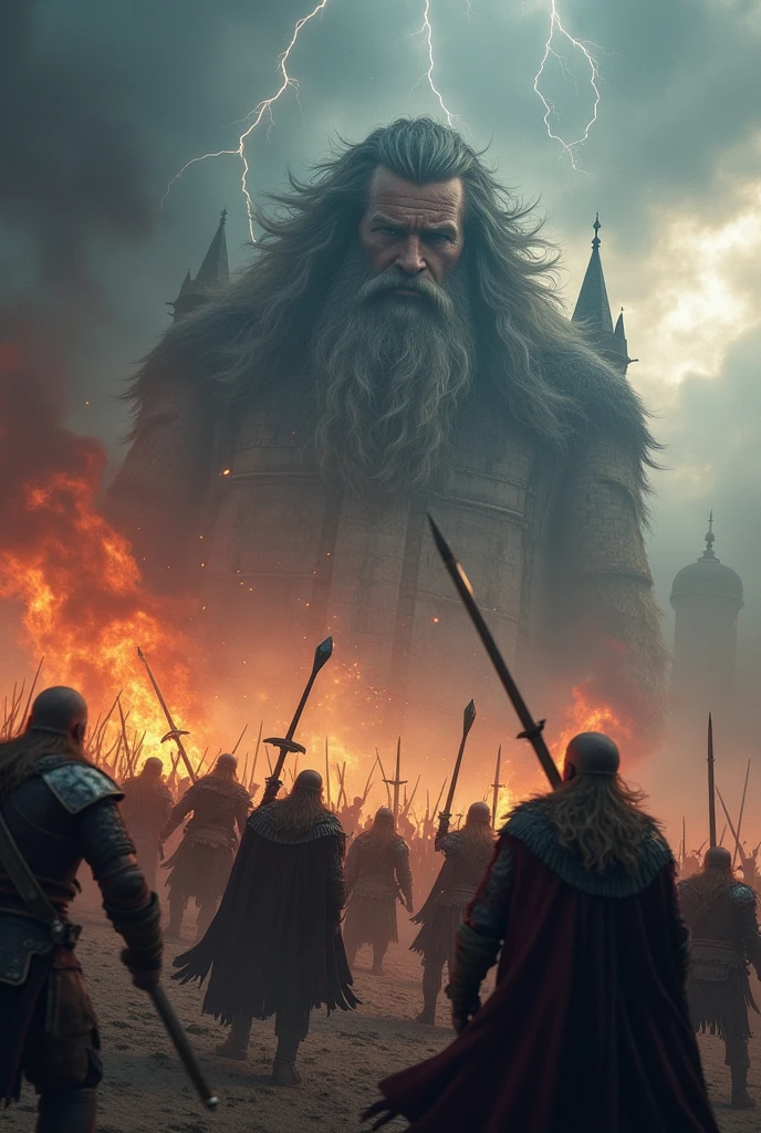 burning castle, natta, viking warriors in battle, lightning, face of a God with gray hair and beard with one eye appearing in the clouds
