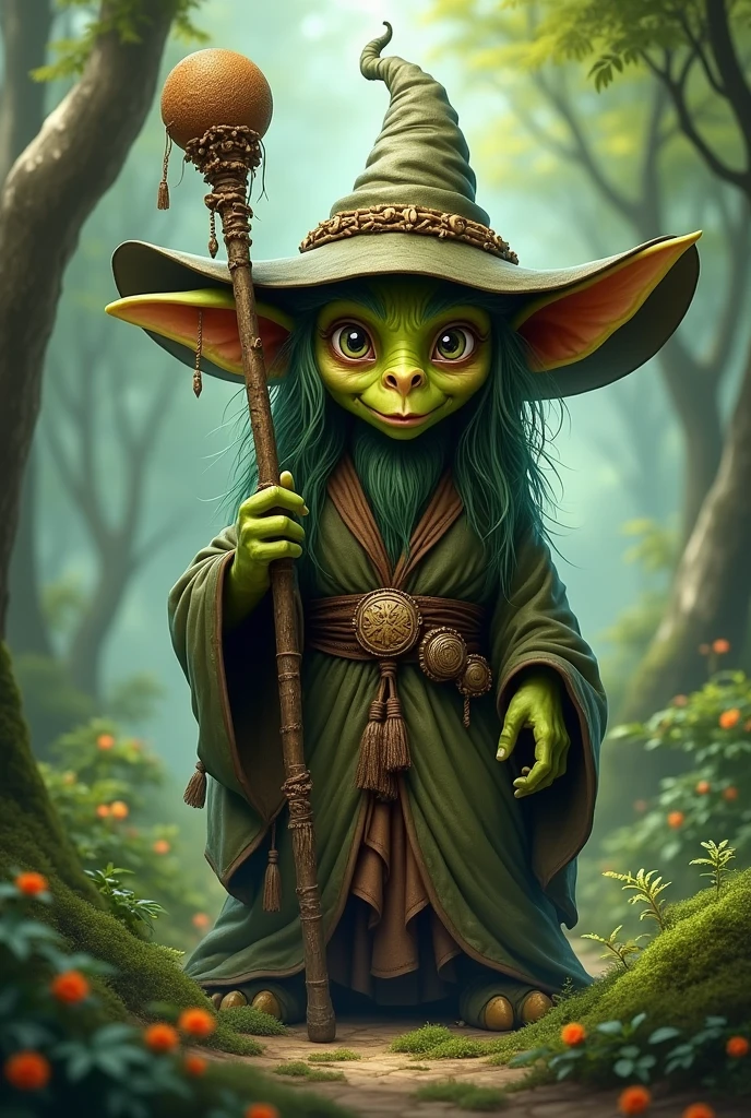 Long Eared Green Goblin. He has a big hat, a wizard&#39;s robe and a decorated wooden staff. He is a shaman of nature. He has a mischievous and intelligent look 