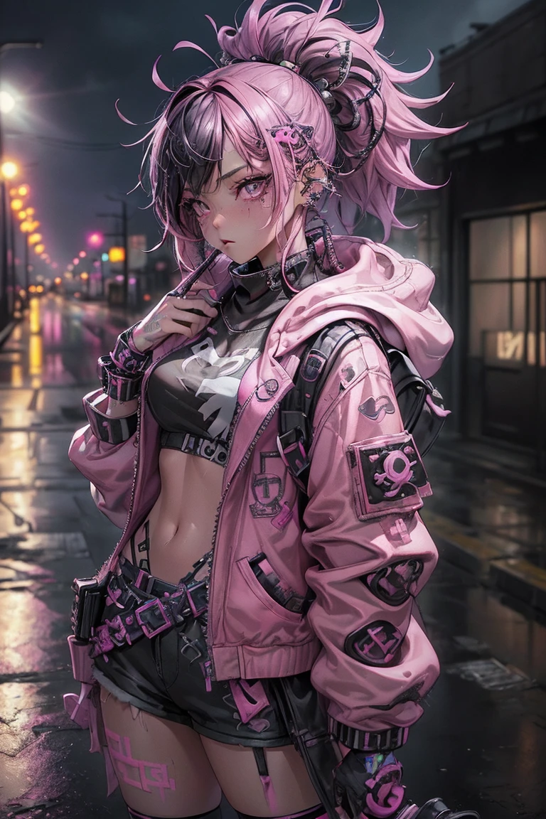 (Highest quality、8k、32K、masterpiece、Hmph:1.3)、(Photorealistic:1.4),(Shoot from the front,View your viewers:1.5)、1 punk girl,Unusual punk hair,((Pink and black punk fashion:1.5)),Studded clothing、Hooded cloak、headphone,Electric guitar(1 .5)、Black backpack on the back、(Bright black and pink hair:1.5),Wacky makeup、、Dark Background、A desolate town soaked in rain、Puddles on the road、(Cinema Lighting)、Written boundary depth,Blurred Background、