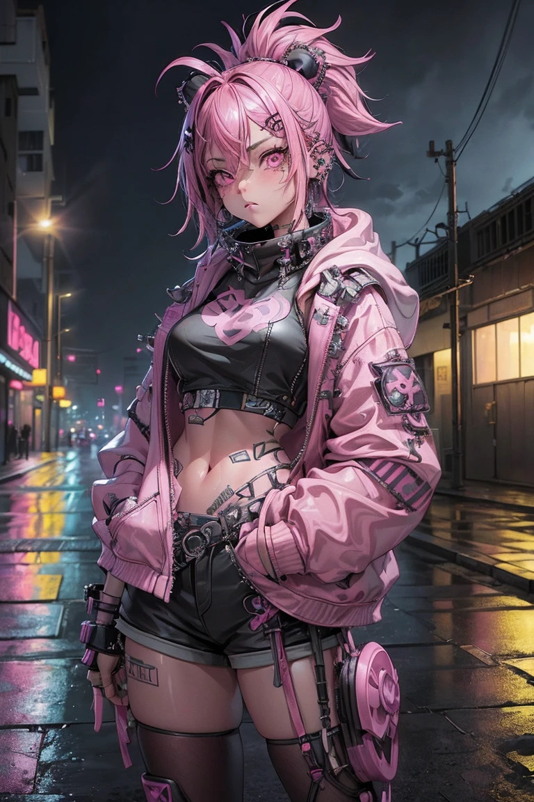 (Highest quality、8k、32K、masterpiece、Hmph:1.3)、(Photorealistic:1.4),(Shoot from the front,View your viewers:1.5)、1 punk girl,Unusual punk hair,((Pink and black punk fashion:1.5)),Studded clothing、Hooded cloak、headphone,Electric guitar(1 .5)、Black backpack on the back、(Bright black and pink hair:1.5),Wacky makeup、、Dark Background、A desolate town soaked in rain、Puddles on the road、(Cinema Lighting)、Written boundary depth,Blurred Background、