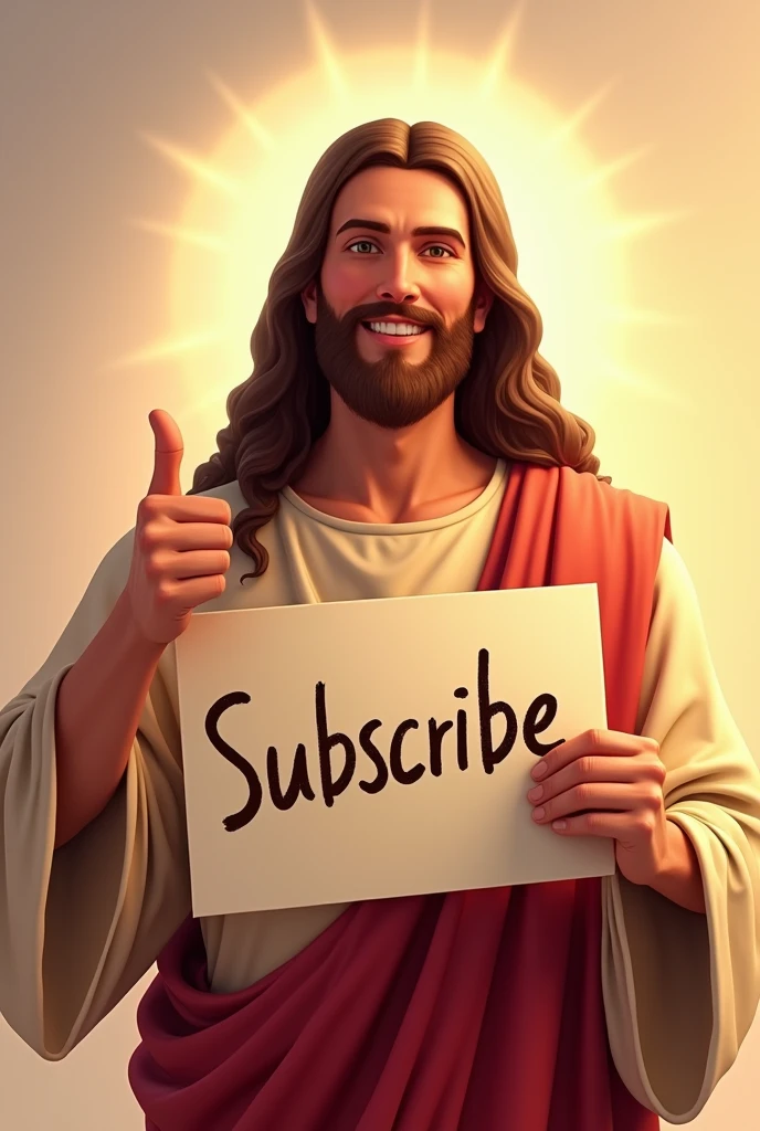 THUMBNAIL for youtube jesus giving thumbs up with a written sign subscribe