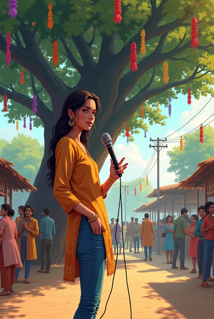 Illustration of a female journalist standing with microphone in her hand. She is wearing kurta and jeans. The scene is from chabutra of a village. A raised platform with a big tree decorated with frills and lanterns.