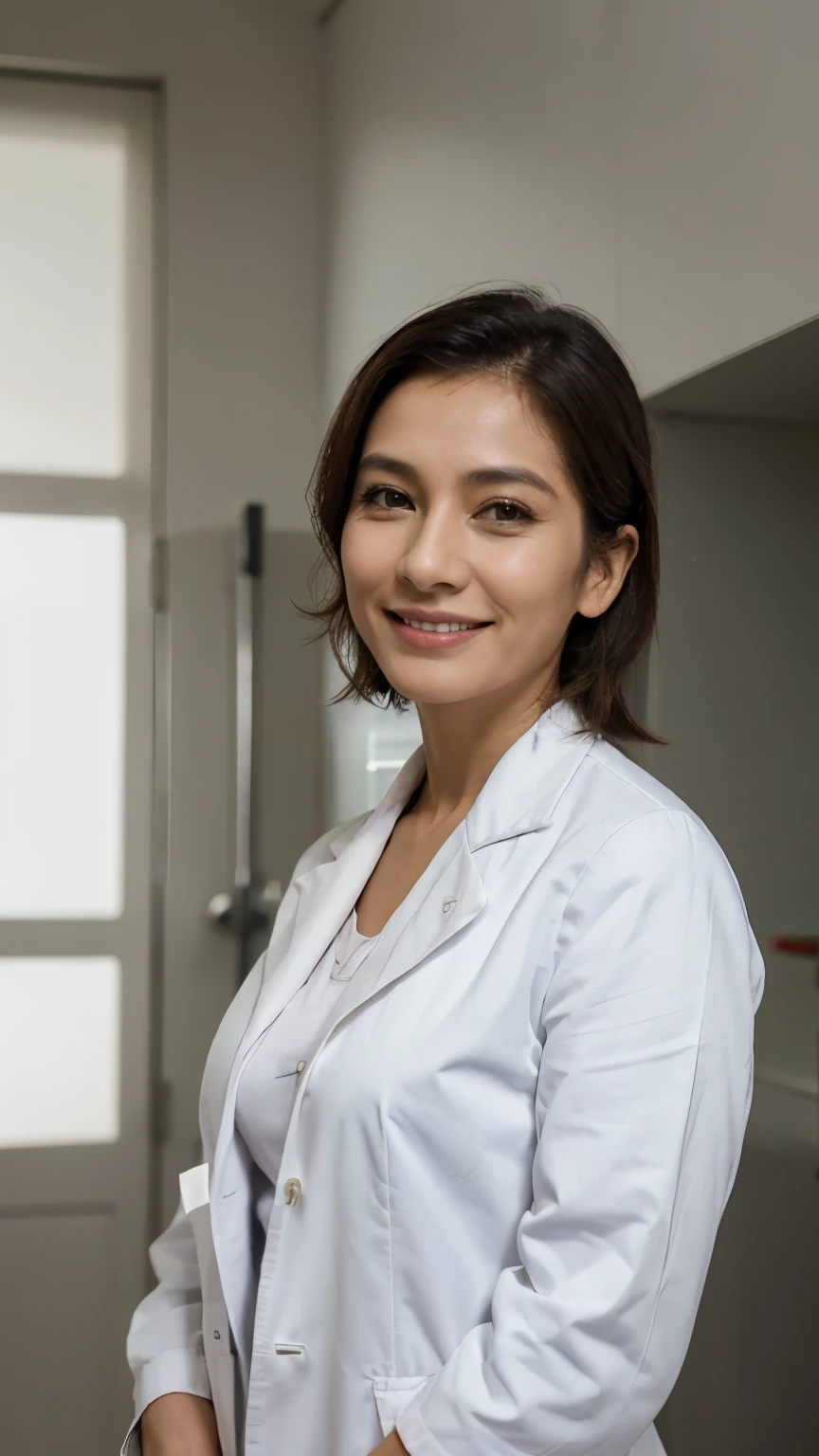 Femme indonéSienne,((40 anS)), Doctor, Beau viSage, skin white, Doctor Suit, StéthoScope, GrandeS hancheS, doux Sourire, Doux viSage, hospital, S'eoir Sur le lit