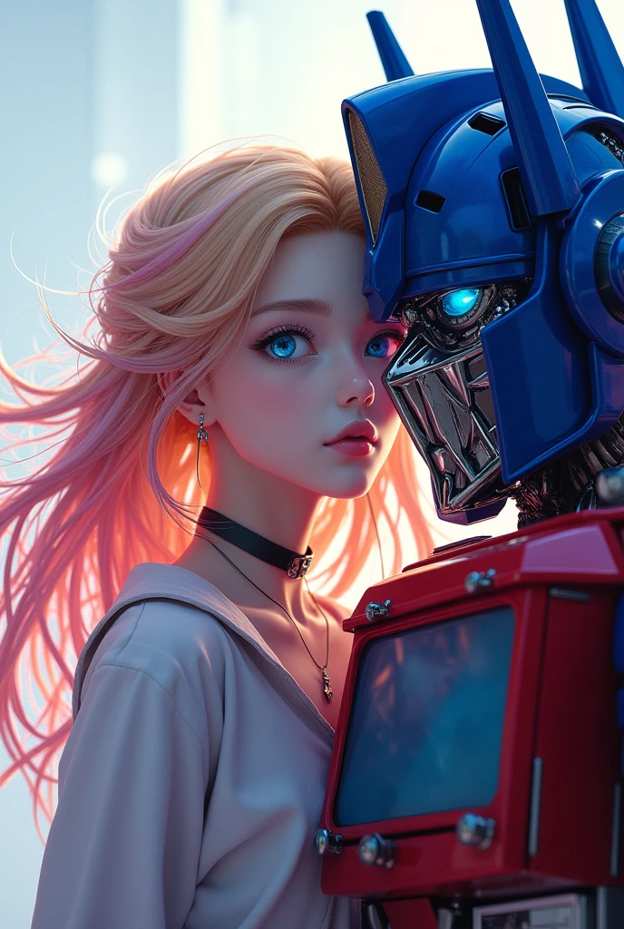Optimus Prime,Rika Kawai, 1girl, robot, blonde hair, pink hair, blue eyes, multicolored hair, RikaKawaiR4, white shirt, choker, Transformers, best quality, 4k, 8k, highres, masterpiece:1.2, ultra-detailed, realistic, photorealistic:1.37, HDR, UHD, studio lighting, ultra-fine painting, sharp focus, physically-based rendering, extreme detail description, professional, vivid colors, bokeh