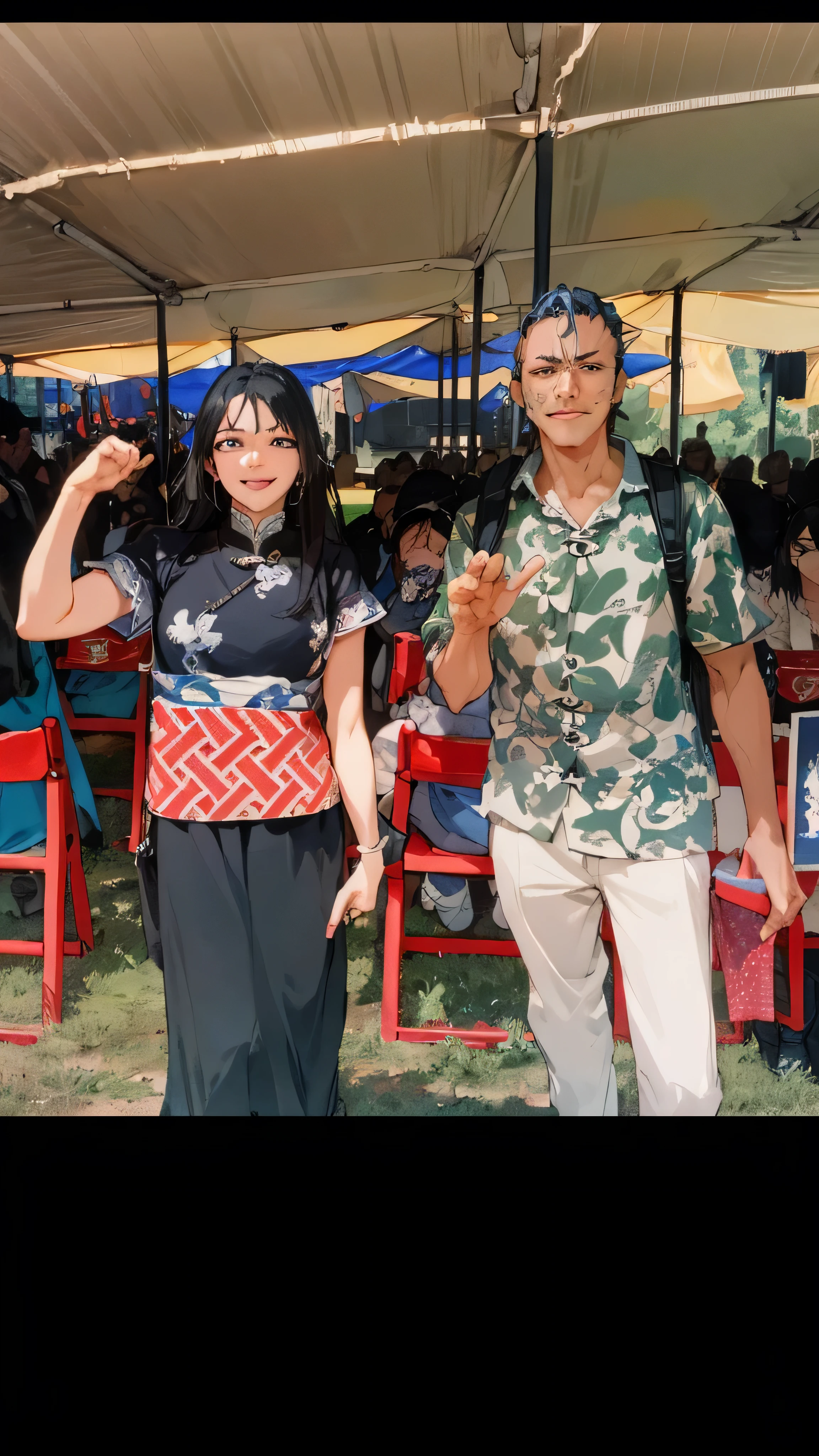 there are two people standing in a field with a tent, ruan jia and fenghua zhong, ruan jia and brom, yiqiang and shurakrgt, student, with acient chinese clothes, very powerful, profile pic, photo taken in 2 0 2 0, wearing authentic attire, ssao 8 k, wonderful masterpiece, trending ,HD, (Best Detail), (Best Quality), Grimjo Jaegyaks, black boots, natural light, blue sky, angry eyes, smile, looking at the audience, full body,