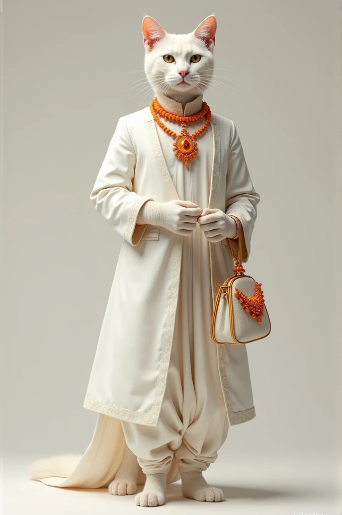 White color ki cat lambi si suit salwar pahne hue orange color ka jewellery pahani Hui sandal bhi pahani Hui hath mein bag Li Hui cat real