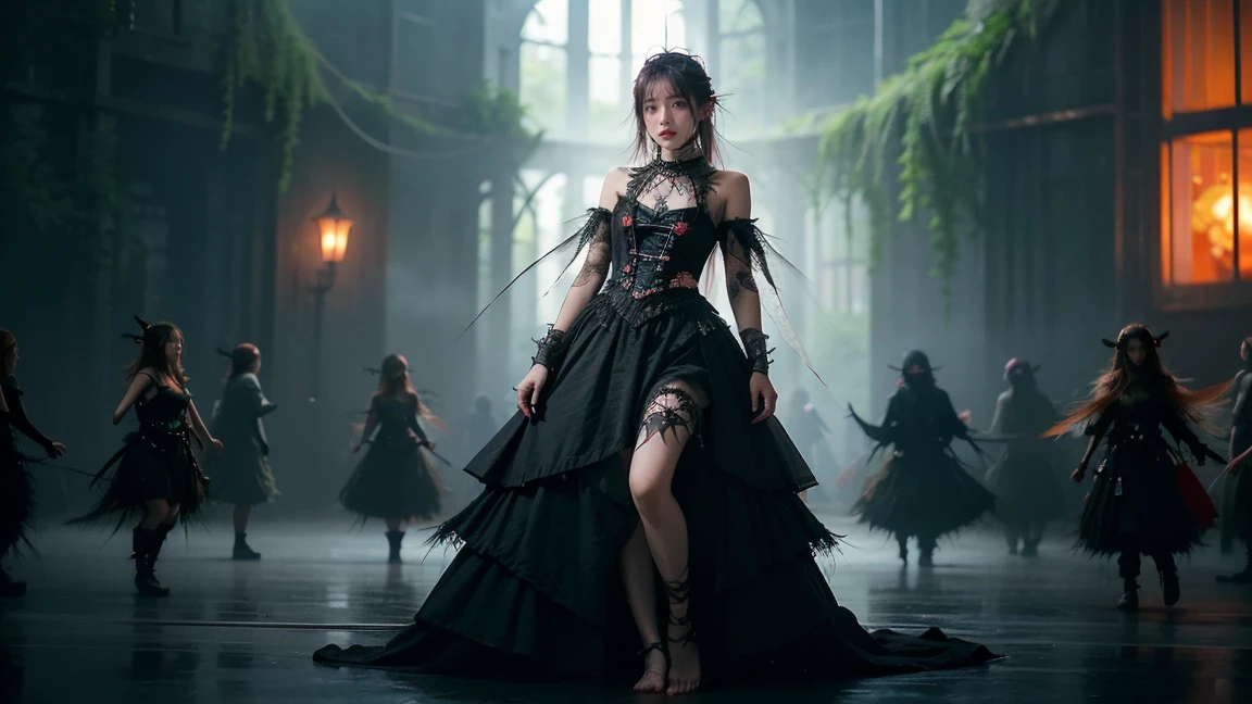 Artistic refinement, Realistic visual effects, Stunning aesthetics, Diffuses natural skin radiance, girl , 2, slim, Floating medium-length hair, Bangs, (Gothic_Punk Dress:1.2), masterpiece, best quality, RAW photos, candytt, Zwad, (A Midsummer Night's Dream:1.4)
