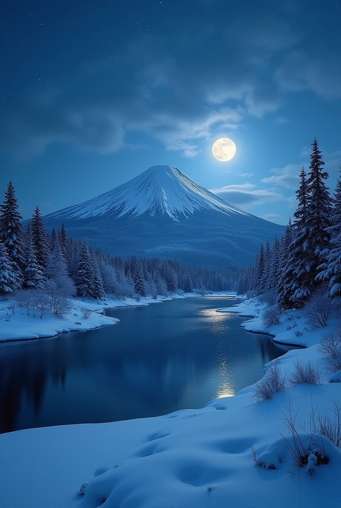 Snow Scenery, Mt. Fuji, lake, moon light in night snow, light snow,