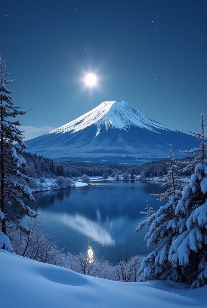 Snow Scenery, Mt. Fuji, lake, moon light in night snow, light snow, 