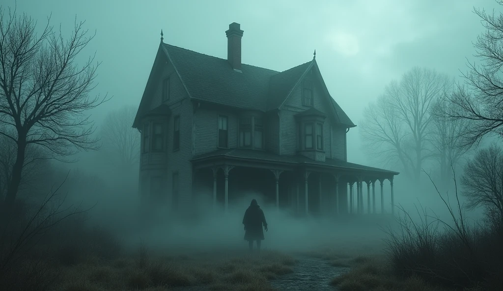 The old mansion with broken windows, surrounded by fog and whispers of ghostly figures in the shadows, exuding an ominous aura.

