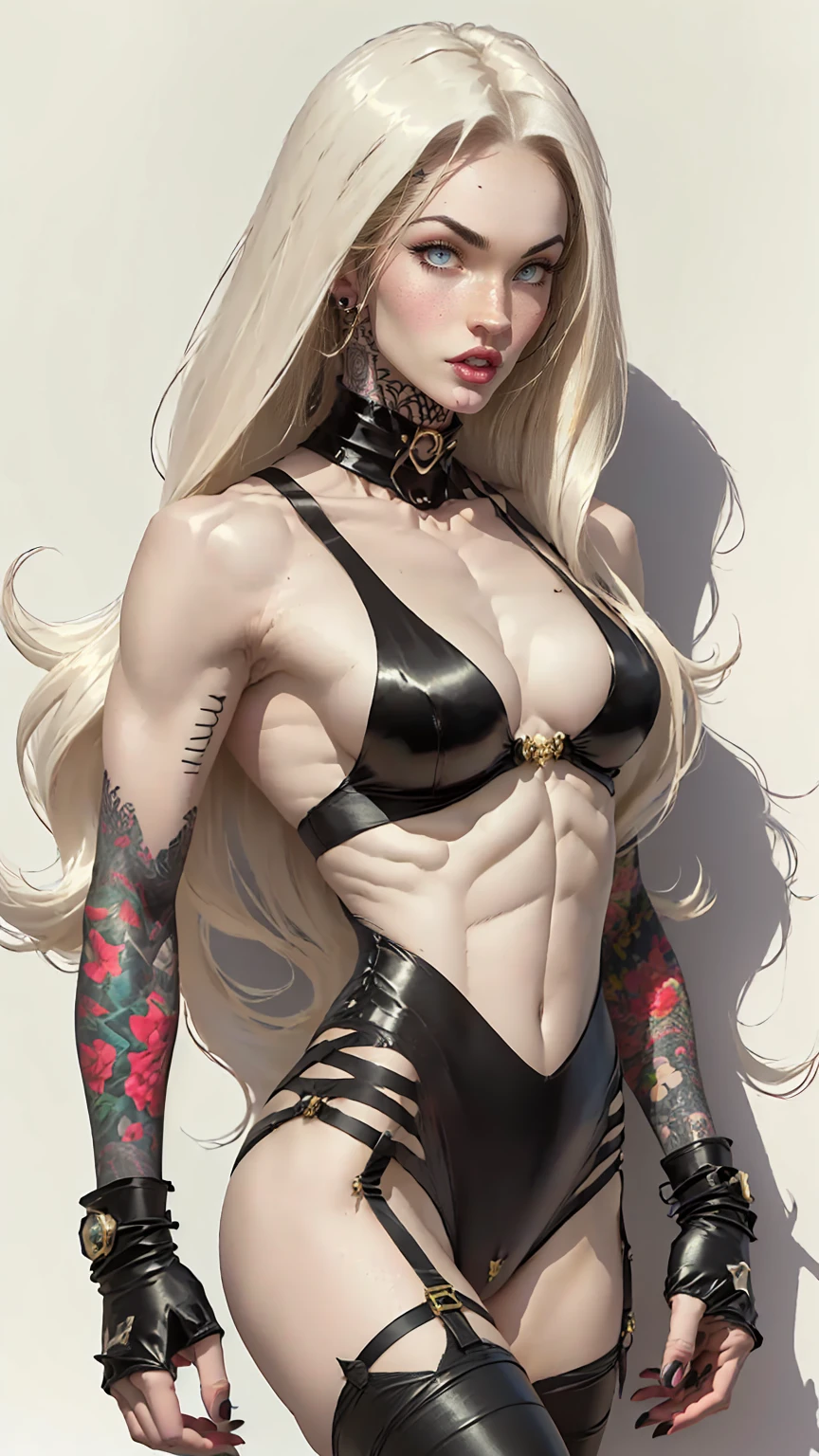 (megan fox), Lady Death, female bodybuilder physique, seductive face, seductive look, (black silk leotard & thigh highs), long white hair, perfect muscular body, long thin legs, white eyes & skin, muscular bulging pecs, (huge muscular shoulders:1.45), (torso shot), (blank background:1.25), MeganF_SoloTI_v1
