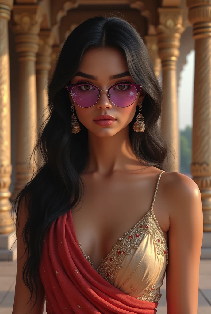 Realistic image of 21year old Indian slim and tall beautiful girl with almond eyes, hawk nose, thin lips type, triangle face shape, with cat eyes spectacles in purple colour royal dress in temple background