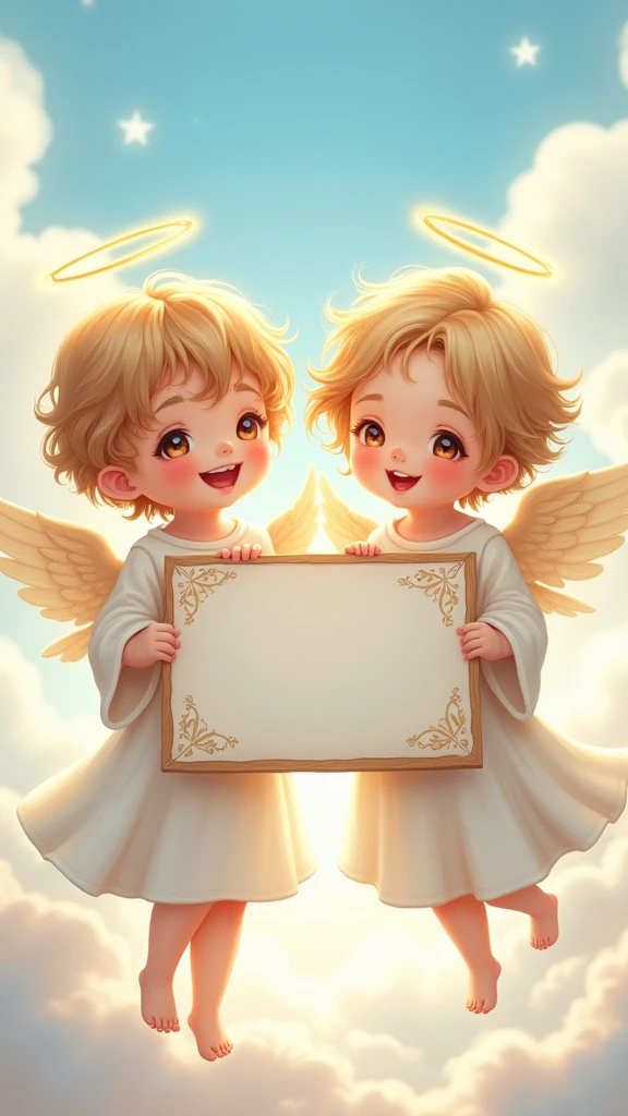 two beautiful and cute boy angel, with cap, holding up a sign  , joyful, happy, anime illustration, photorealistic, oil painting