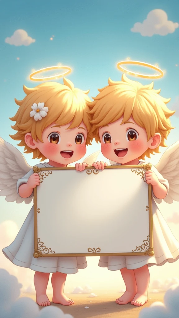 two beautiful and cute boy angel, with cap, holding up a sign , joyful, happy, anime illustration, photorealistic, oil painting