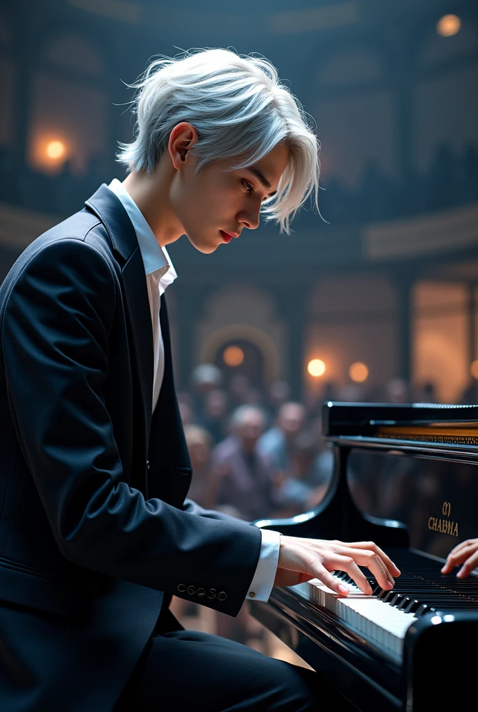 pianist Performing male 20th Generation Silver Hair Red eyes shirt Open-neck jacket