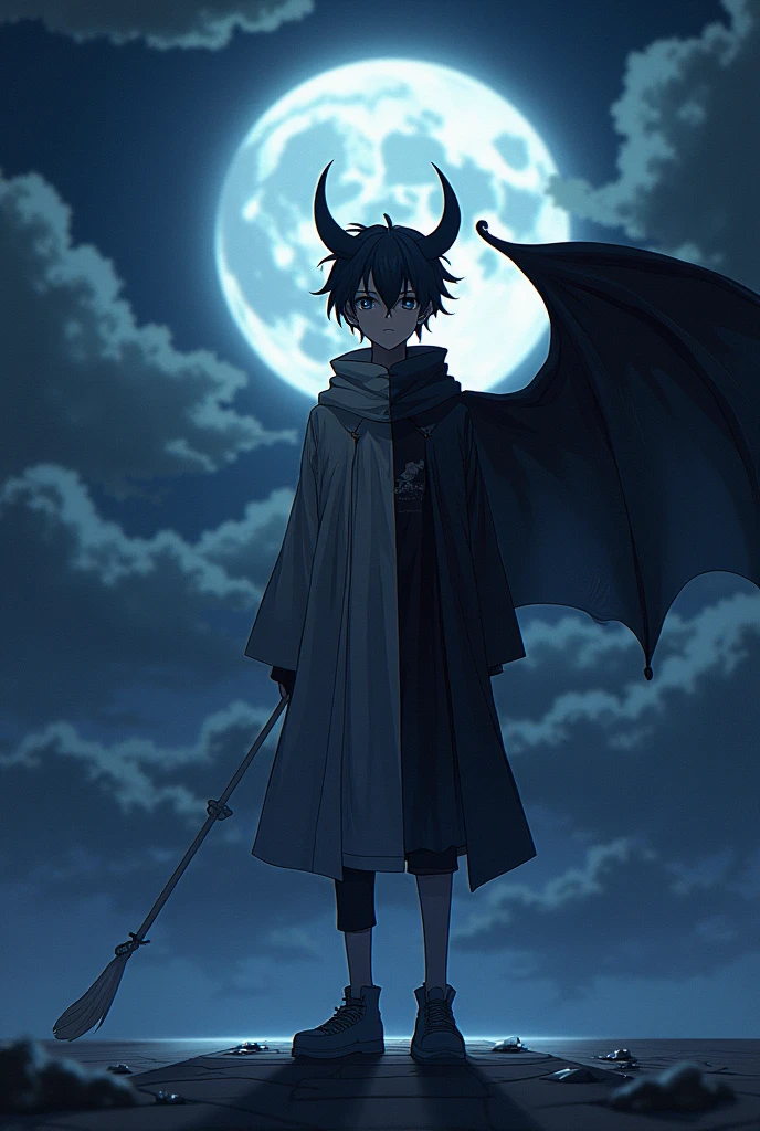 A handsome anime boy standing alone in night, half body look like devil's and half body look like a boy