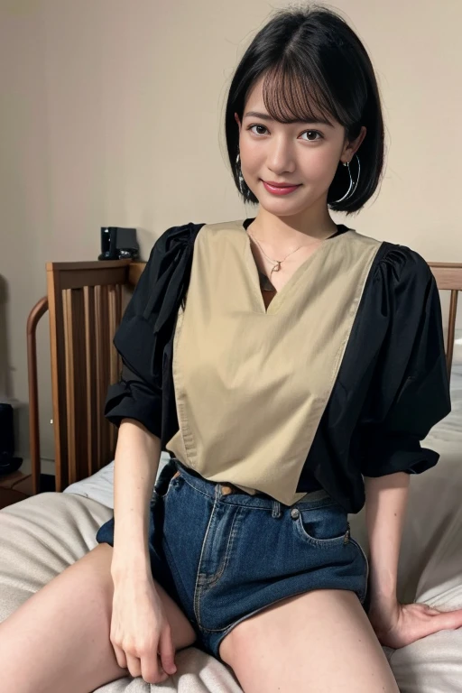 ((Highest quality, 8k,)), Browsing Caution, front,charm, Accurate limbs, First Person View, (masterpiece:1.3), Realistic, photo-Realistic, RAW Photos, Beautifully detailed face, {best quality}, {very aesthetic}, {ultra-detailed}, {best illustration}, nsfw, girl, black hair, sex, woman on top, on bed, kneeing