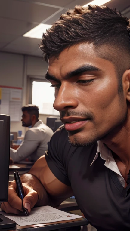 Close up focus on indian business man gay couple doing tounge to tounge kissing, in office, masterpiece