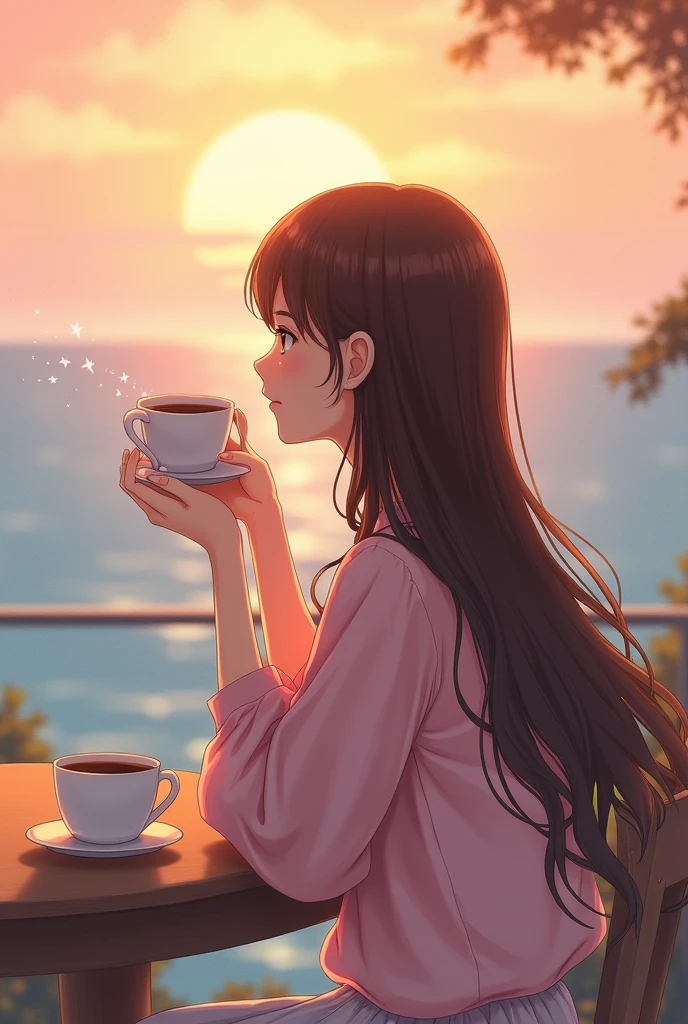 Fais moi une jeune femme , elle est assise a une table et boit un café en regardant la mer et le soleil qui se lève, elle a de long cheveux bruns et un chemisier rose tendre