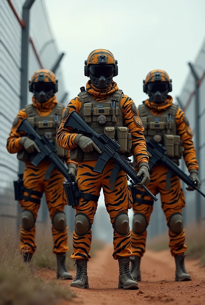 three troops stand together near border fence, their uniform same as tiger's skin design