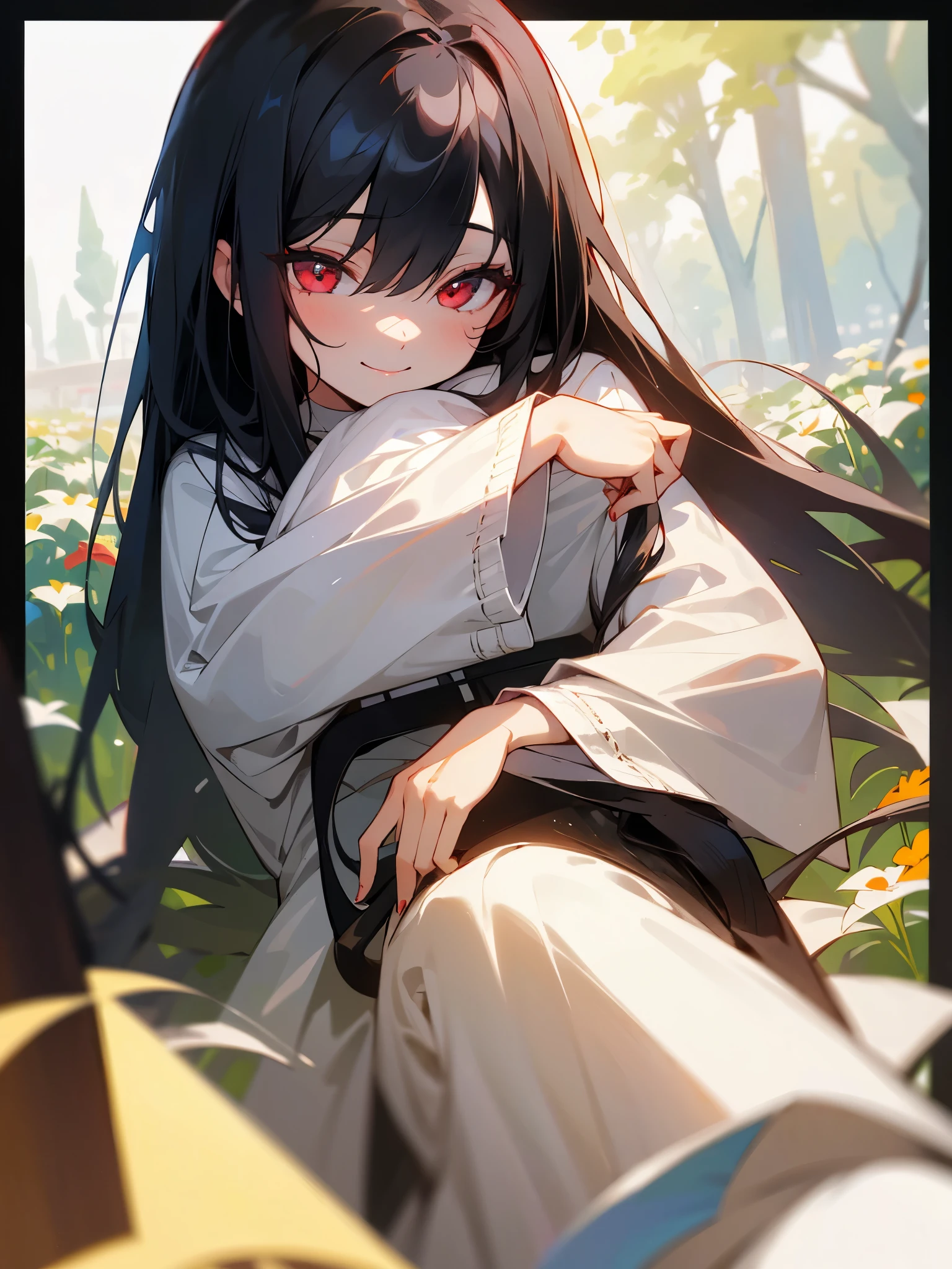 Girl, long black hair, red eyes, black hair, smiling, cute, high details, focus on eyes, white long sleeve vintage shirt, long skirt, wearing socks ,In the garden, focus on the face and eyes.