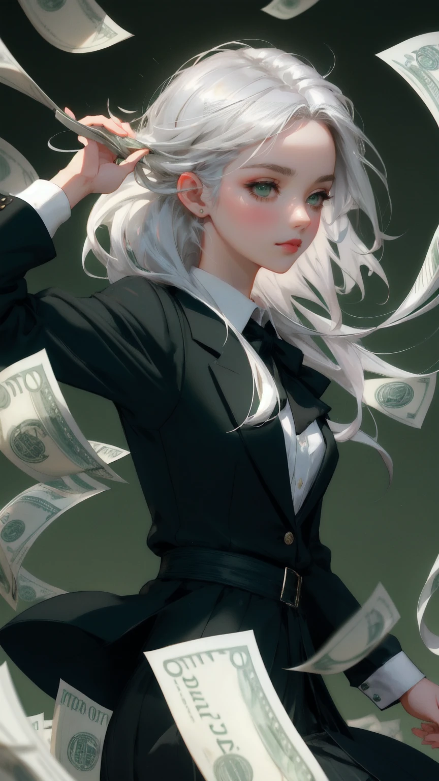 Create an image of a young woman with striking silver-white hair, styled in smooth, sweeping strands that fall over her forehead. She is blindfolded with a dark cloth, subtly lifting it with one hand to peek out. She wears a casual, dark green blazer over a lighter shirt, adding a touch of sophistication to her demeanor. In the background, numerous U.S. dollar bills float in a chaotic manner, set against a vivid green, slightly blurred backdrop that enhances the theme of abundant wealth or economic intrigue. This setting focuses the viewer's attention on her mysterious and enigmatic expression.