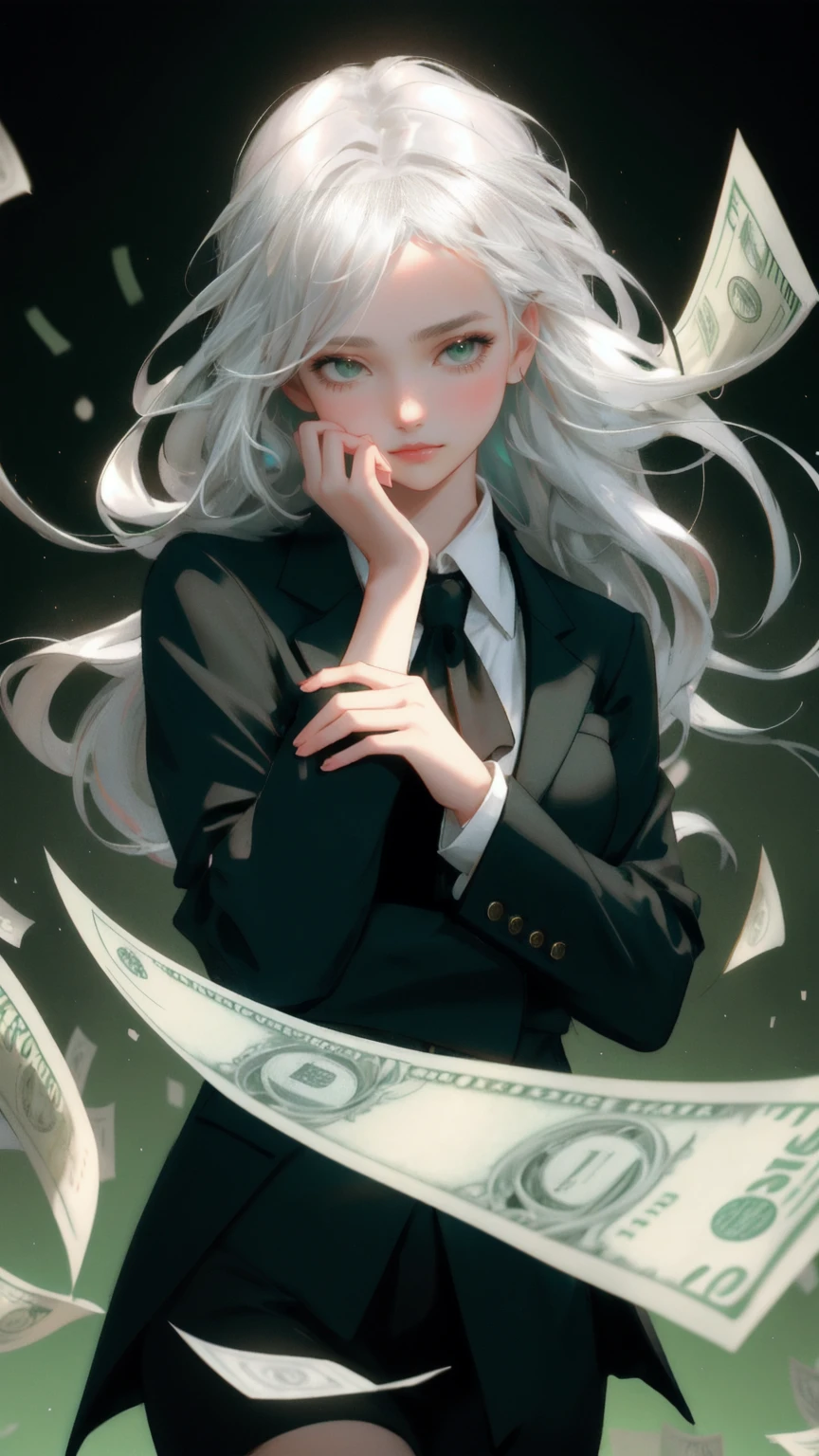 Create an image of a young woman with striking silver-white hair, styled in smooth, sweeping strands that fall over her forehead. She is blindfolded with a dark cloth, subtly lifting it with one hand to peek out. She wears a casual, dark green blazer over a lighter shirt, adding a touch of sophistication to her demeanor. In the background, numerous U.S. dollar bills float in a chaotic manner, set against a vivid green, slightly blurred backdrop that enhances the theme of abundant wealth or economic intrigue. This setting focuses the viewer's attention on her mysterious and enigmatic expression.