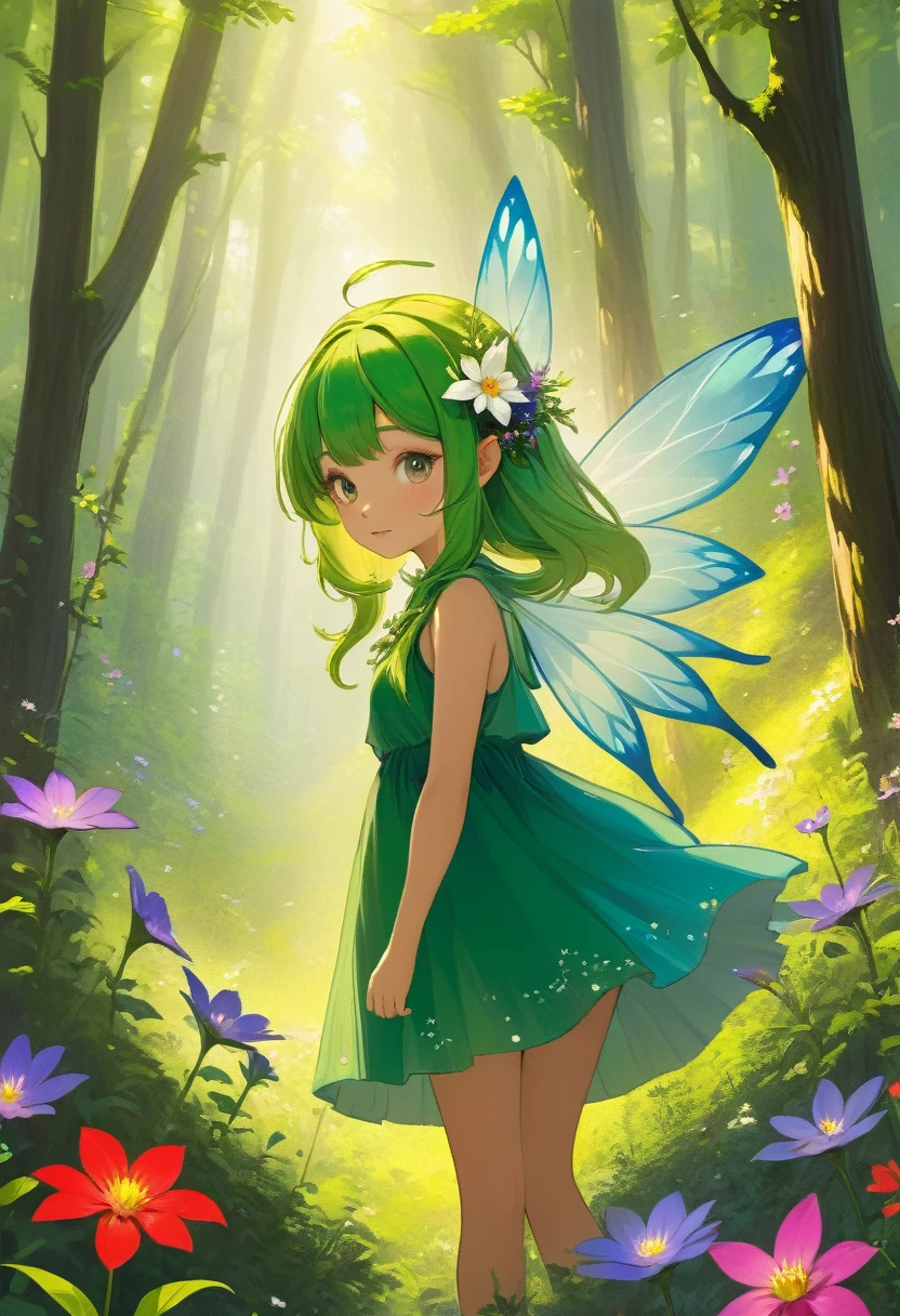 Forest Fairy,Mysterious girl,wood々In the thick forest,光に包まれた幾人もの妖精がwoodの枝に座っている,Mysterious Mysterious,Vibrant wildflowers blooming in the forest,Fantasy,Exquisite atmosphere,Masterpiece,Highest quality,Detailed anime art,Digital Art,