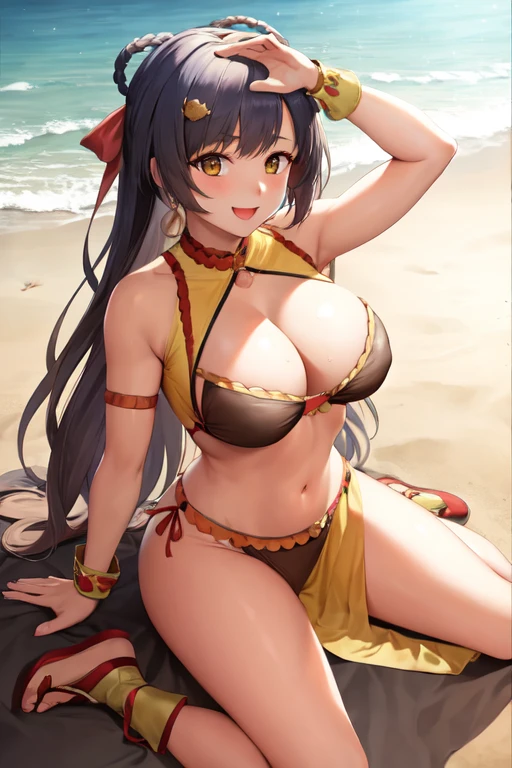masterpiece, best quality, beautiful art, high resolution, well formed hands, body and fingers, 1 woman, solo, Xiangling, grown up, arabian belly dancer, adult, large and round breasted, cleavage, hair ribbon, full body, sexy and skimpy arabian belly dancer outfit, wearing a Mata Hari outfit, mata_hari_cosplay, gorgeous legs and thighs , dancing seductively and erotically, turning backwards and forwards, showing her back and front, shaking her body, bikini thong, smiling joyfully, looking at the viewer, flirting, beach environment