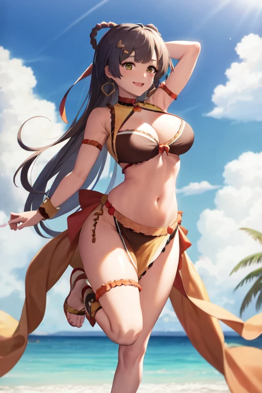 masterpiece, best quality, beautiful art, high resolution, well formed hands, body and fingers, 1 woman, solo, Xiangling, grown up, arabian belly dancer, adult, large and round breasted, cleavage, hair ribbon, full body, sexy and skimpy arabian belly dancer outfit, wearing a Mata Hari outfit, mata_hari_cosplay, gorgeous legs and thighs , dancing seductively and erotically, turning backwards and forwards, showing her back and front, shaking her body, bikini thong, smiling joyfully, looking at the viewer, flirting, beach environment