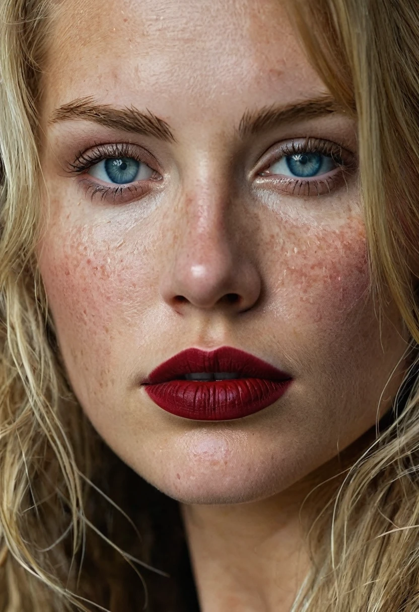 A 25, yeard old girl (highly detailed women face) with long blond hair and (beautitgdetalld ocean eyes:1.2/closed mouth:1.2), some facial imperfections, ultra detailed, beautiful girl, real human wet skin, striking features, beautiful, intricate details, tension, contrast, (texture:1.1) (realism:1.1) a lots of freckle ((dark red lipstick)) ((Neck tattoo))