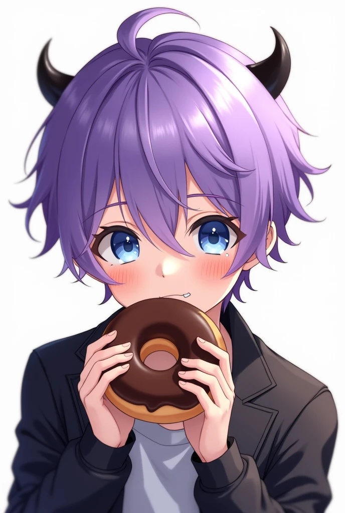 anime art, cute boy with bright purple hair, blue eyes, wearing a black jacket, and has black small devil horns, biting,is biting chocolate donuts,white skinned and short haired ,white background