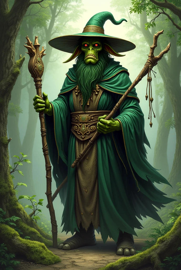 Green Goblin with Long Thin Ears. He has a big hat, a wizard's robe and a decorated wooden staff. He is a shaman of nature. He has a mischievous look, evil and smart
