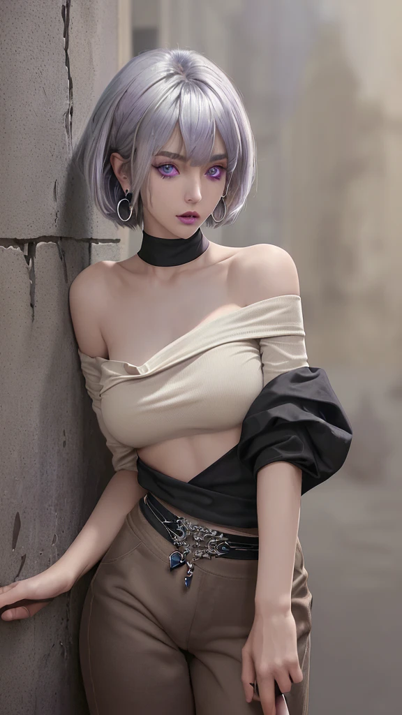 solo, High resolution, chest, Shortcuts, Silver Hair、Purple eyes, masterpiece, Bob Hair, Asymmetrical bangs, chest, Hoop Earrings, 8k octane, off-the-shoulder black shirt、Camel-tone Sabrina pants、Old Townscape、Tattoo on neck and shoulders、Leaning against the wall and smoking a cigarette