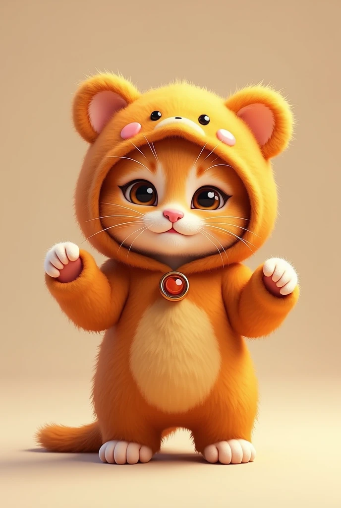 
A cute little orange kitten wearing a cute bear mascot costume.