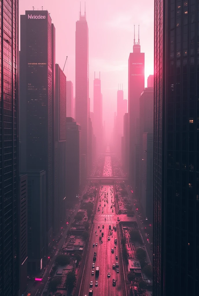 a wiew of a big city panorama. ((desire, fulfillment,pride,cruelty)),((pink,black,pale grey)),((deep wiew)),photographic,ultra high resolution,hyperdetailed, masterpiece, 3d modelling, digital art.