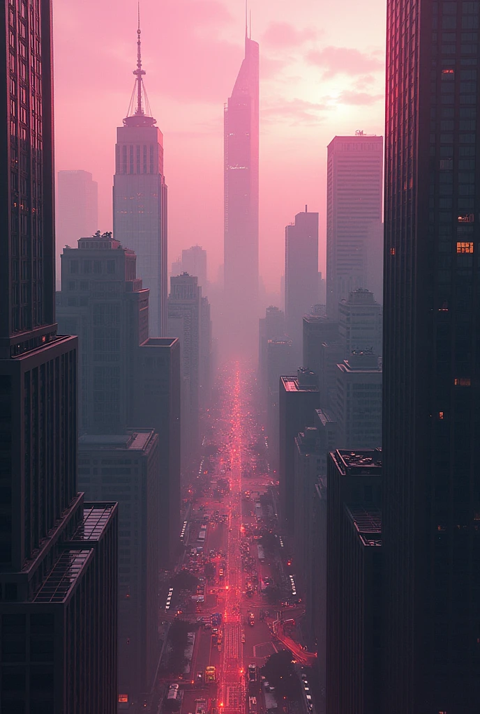 a wiew of a big city panorama. ((desire, fulfillment,pride,cruelty)),((pink,black,pale grey)),((deep wiew)),photographic,ultra high resolution,hyperdetailed, masterpiece, 3d modelling, digital art.