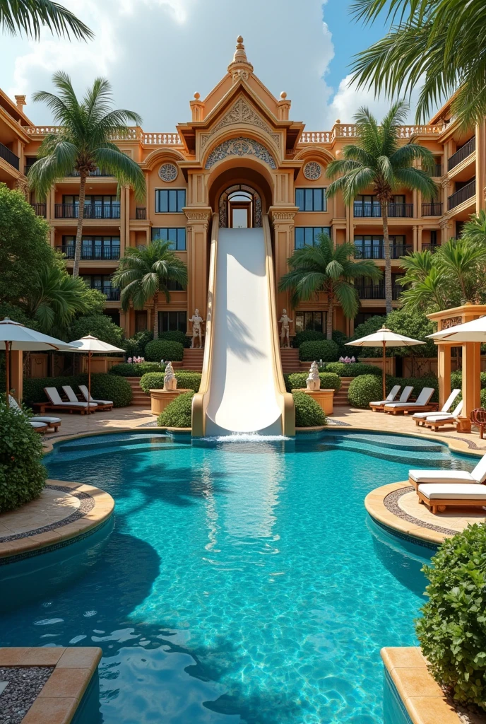The luxurious swimming pool of the Princess of Philippines with a slide and a luxurious hotel and anything for a Cruise ship swimming pool