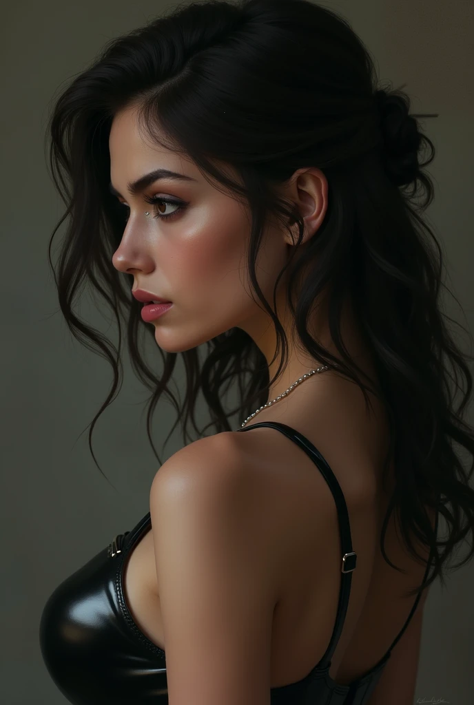 1 , cinta, slightly separated lips, tears, rear view, Masterpiece artwork, , latex clothing