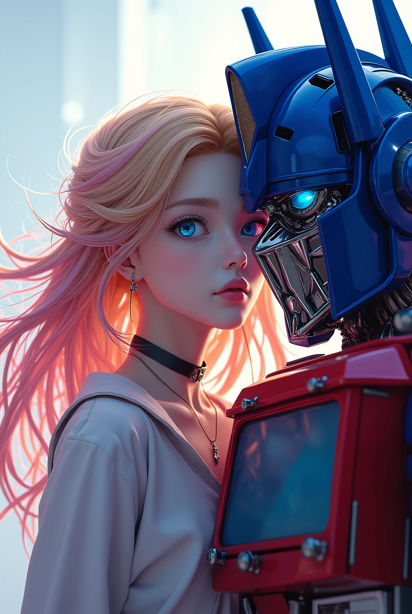 Optimus Prime,Rika Kawai, 1girl, robot, blonde hair, pink hair, blue eyes, multicolored hair, RikaKawaiR4, white shirt, choker, Transformers, best quality, 4k, 8k, highres, masterpiece:1.2, ultra-detailed, realistic, photorealistic:1.37, HDR, UHD, studio lighting, ultra-fine painting, sharp focus, physically-based rendering, extreme detail description, professional, vivid colors, bokeh